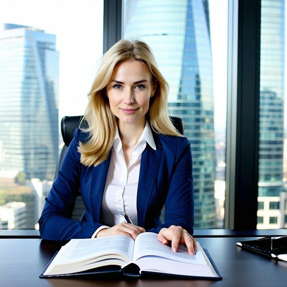 A woman 33 years old with blonde hair dressed in a dark blue suit and white blouse sits in her office in front of a desk with a large window in a skyscraper reading a fat law book