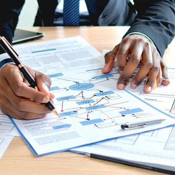 Show a consultant writing a document including a process flow and text Purpose is to resolve raised gaps and mitigate risks
