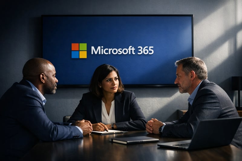 Two Men and One Woman in Modern Office with Microsoft 365 Screen