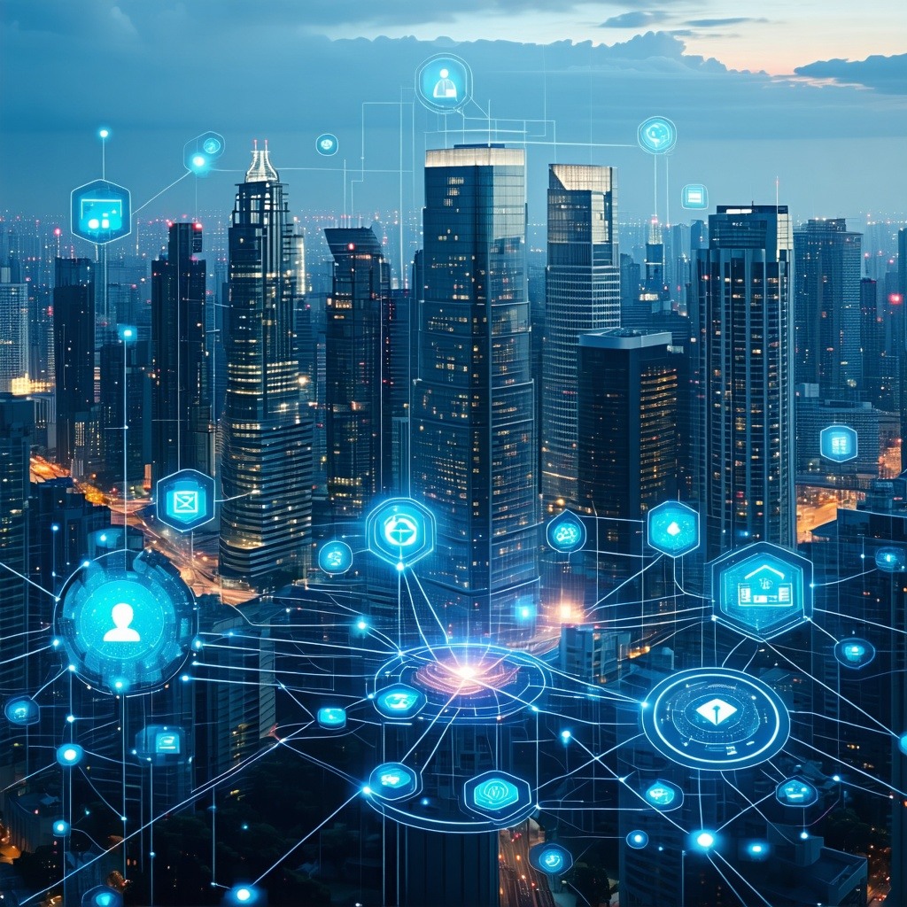generate a picture of an enterprise organization with skyscrapers or buildings eventually add some connection framework or IT flair to it-1 generate a picture of an enterprise organization with skyscrapers or buildings eventually add some connection framework or IT flair to it-1