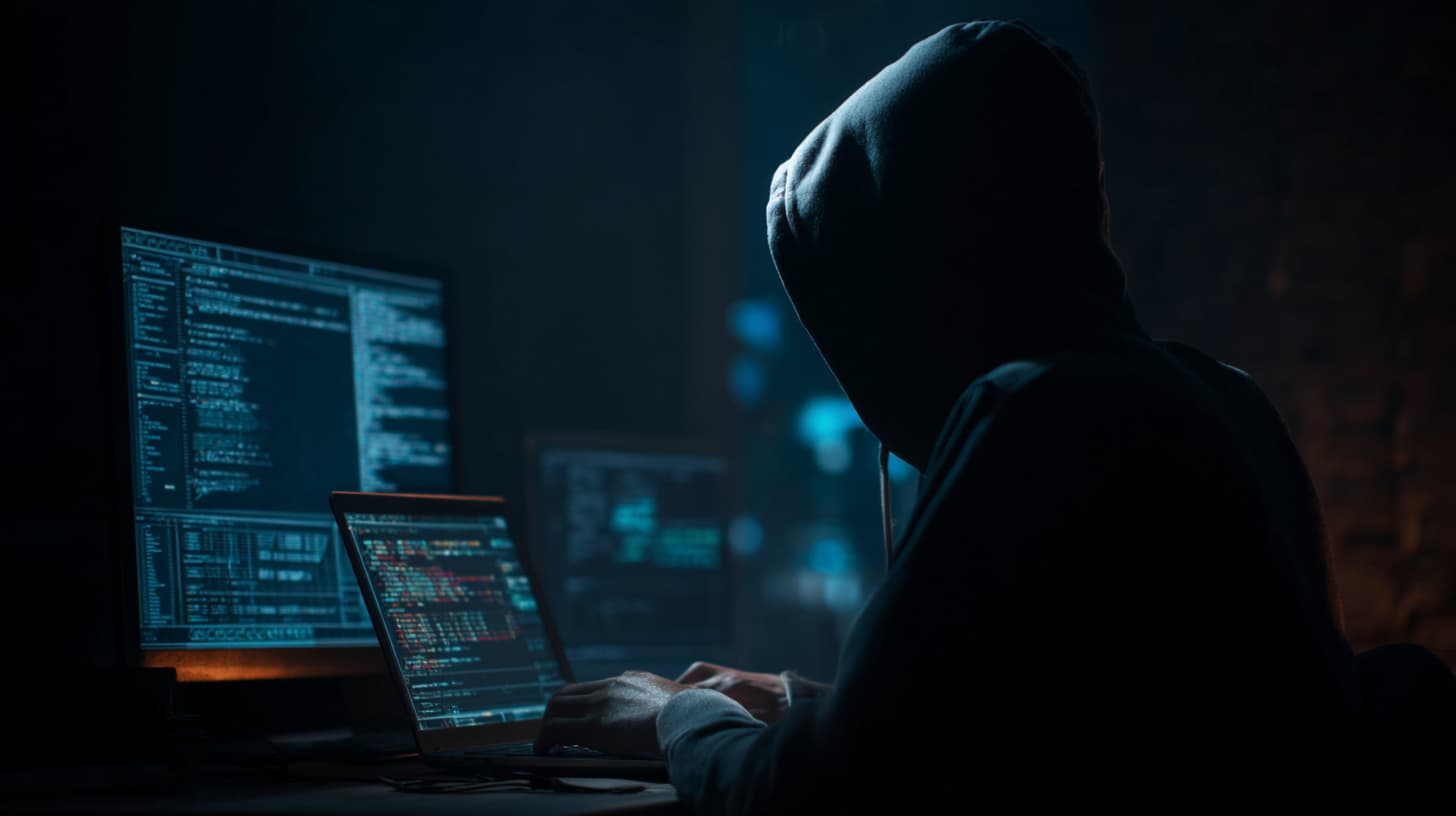 Hacker plant Social Engineering Angriff vor mehreren Monitoren in dunkler Umgebung