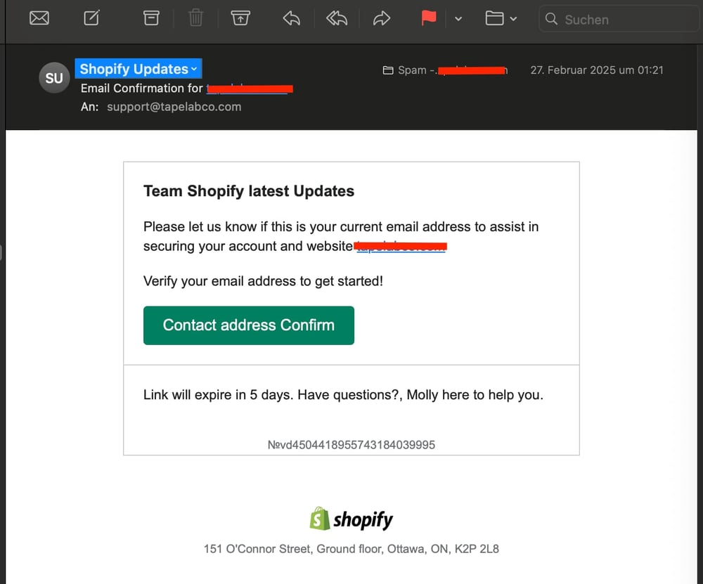 Gefälschte Shopify-E-Mail zur Täuschung von Nutzern bei Phishing-Angriffen