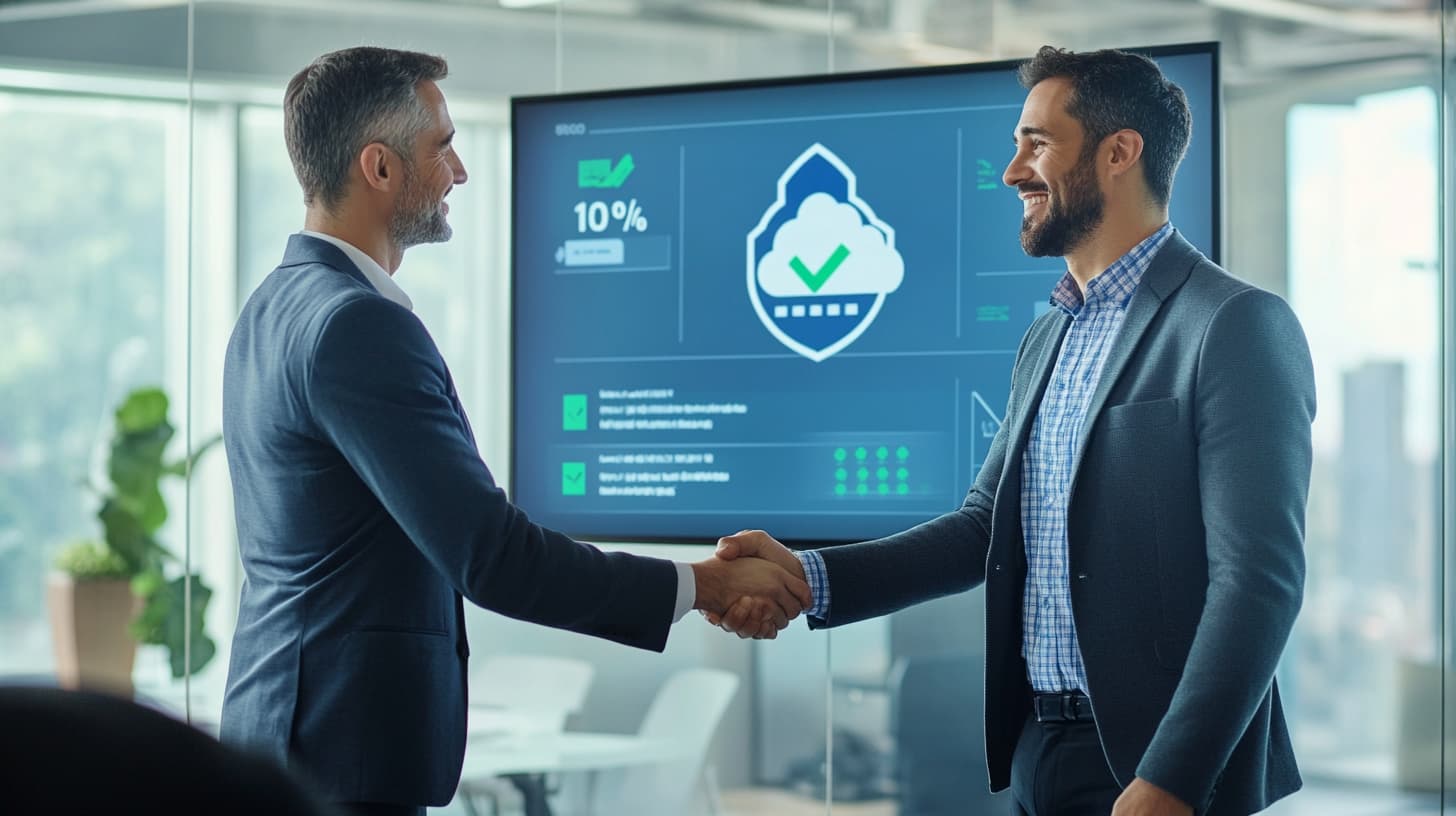 Executives handshake before compliance dashboard showing 100 % secure cloud score