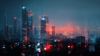 Digitale Skyline mit rot-blauen Datenströmen als Symbol für Darknet-Bedrohung
