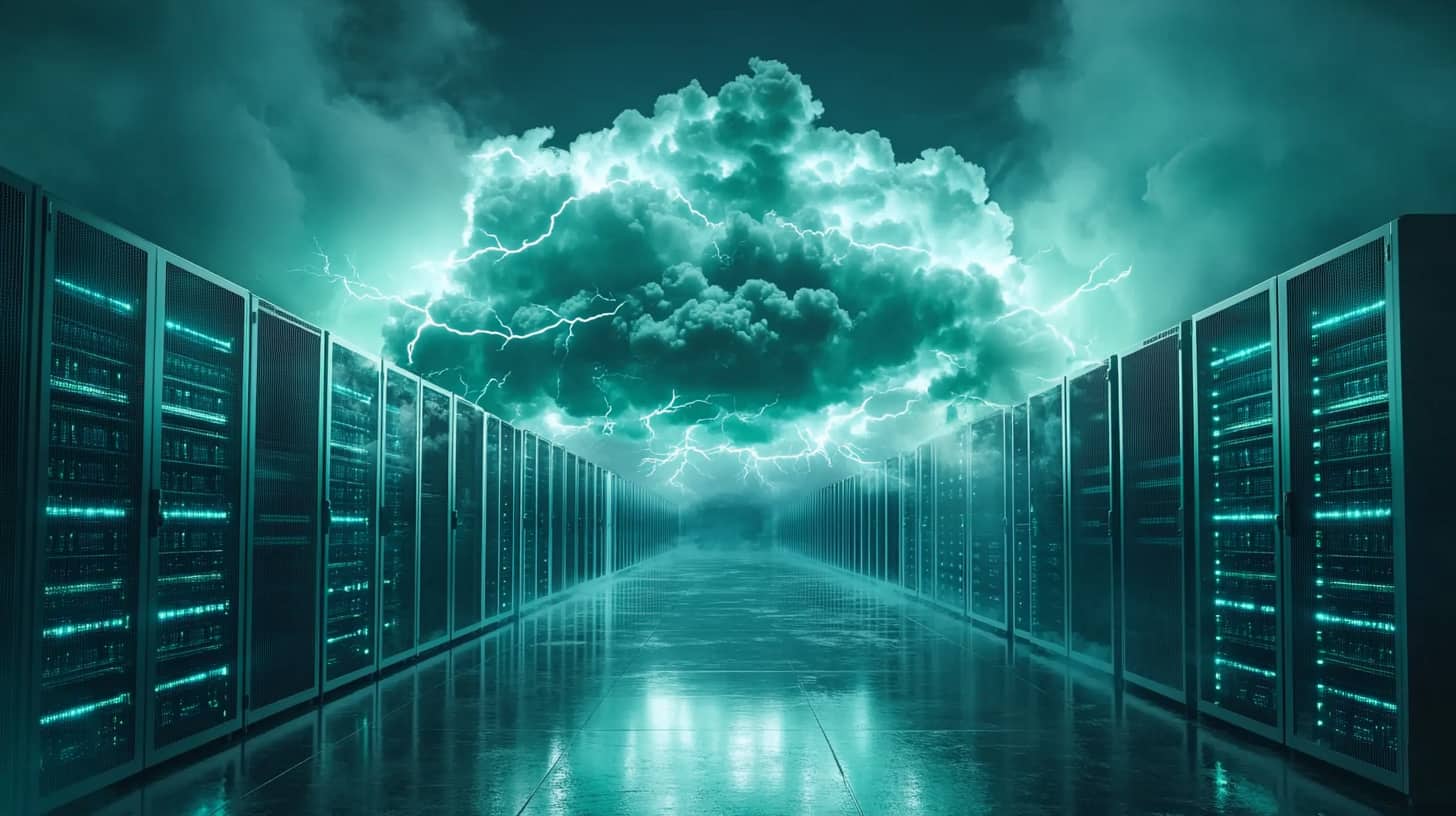 Storm cloud with lightning above data center symbolises cloud risks and protection