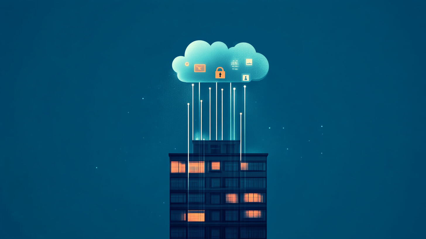 Bürogebäude mit aufsteigenden Datenströmen in Cloud mit Zscaler Security-Icons