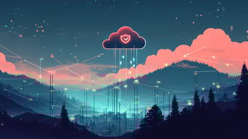 Cloud-Symbol mit Sicherheitsschild über digital vernetzter Zero-Trust-Landschaft