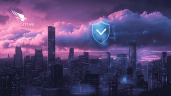 Nighttime city skyline with glowing digital shield illustrating CrowdStrike cloud security