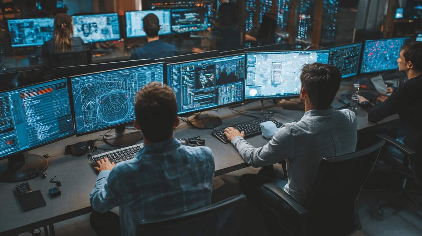 IT-Security-Team analysiert Bedrohungen auf mehreren Monitoren gleichzeitig
