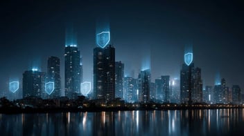Futuristische Skyline mit digitalen Schutzschilden, Symbol für Threat Detection und Cybersicherheit
