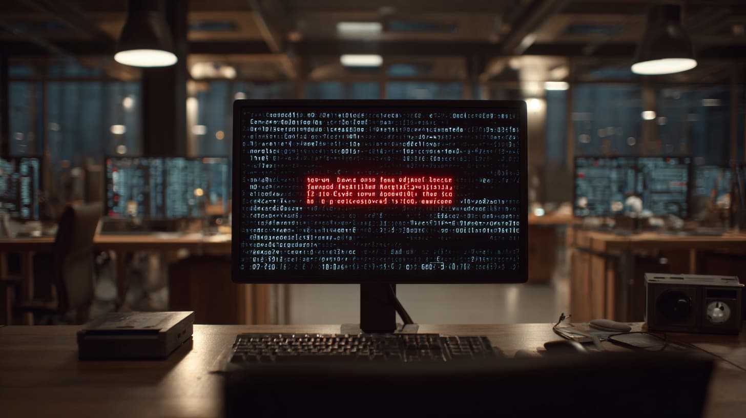 Roter Warnhinweis in Code auf Monitor in moderner Büro-IT-Umgebung