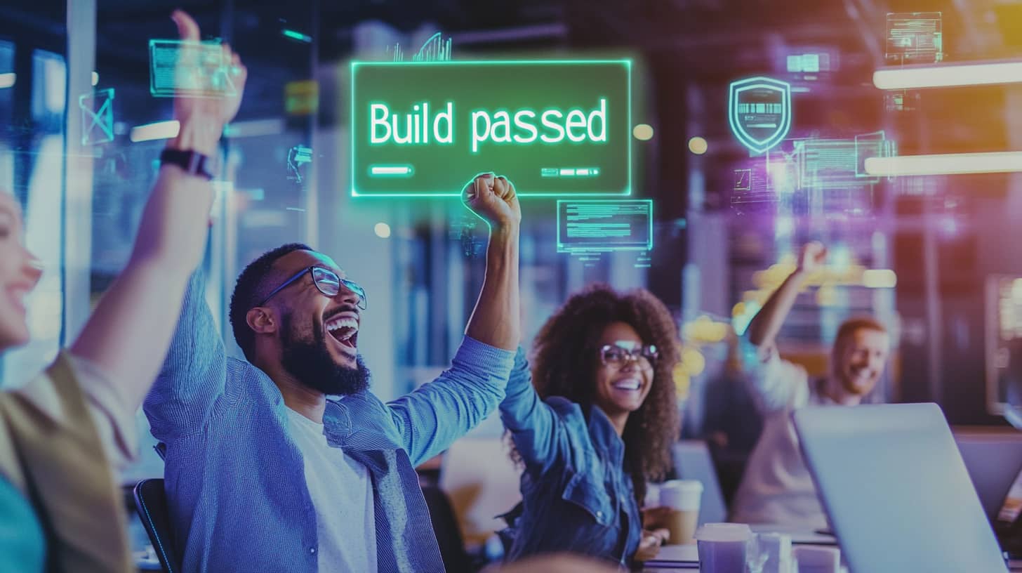 Cheerful DevOps team celebrates “Build passed” after secure cloud pipeline run