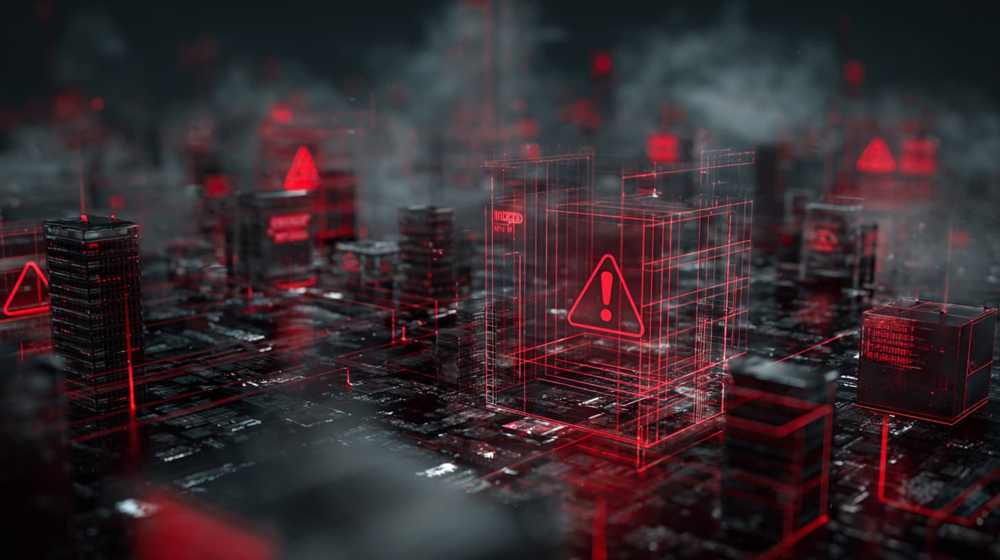 Digitales Netzwerk mit roten Warnsymbolen im Stil des Darknets 2025