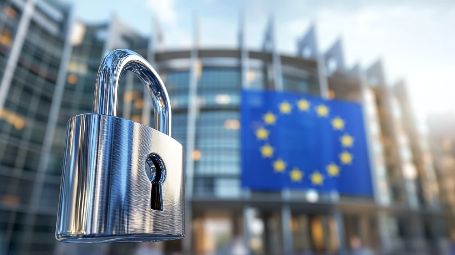 EU-Flagge im Hintergrund, großes Vorhängeschloss im Fokus als Symbol für Datenschutz