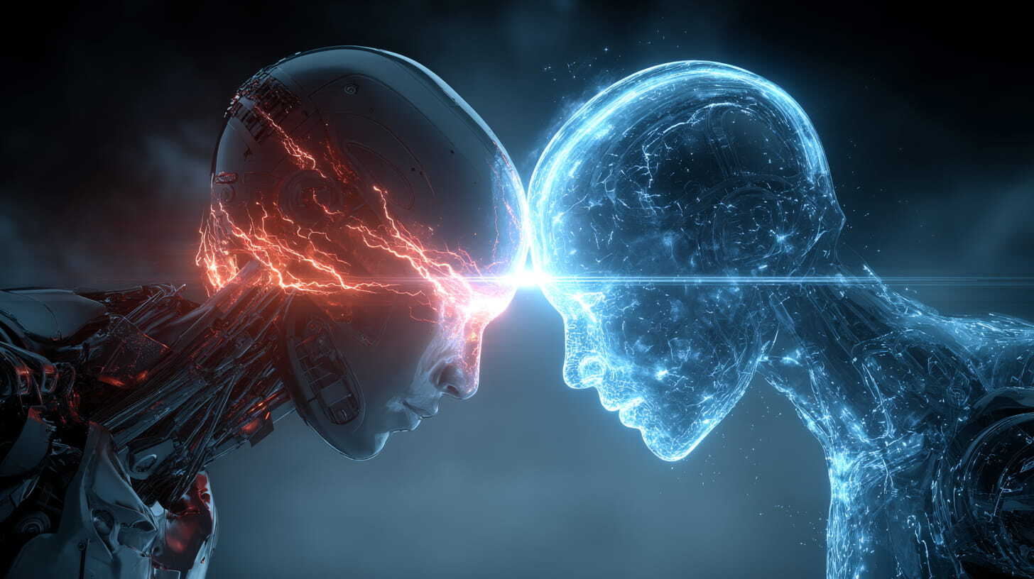 Futuristische KI-Figuren im digitalen Duell, Symbol für den Wettlauf zwischen Angreifern und Verteidigern