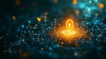 Digitales Netzwerk mit Schloss-Symbol als Visualisierung von PKI und Verschlüsselung