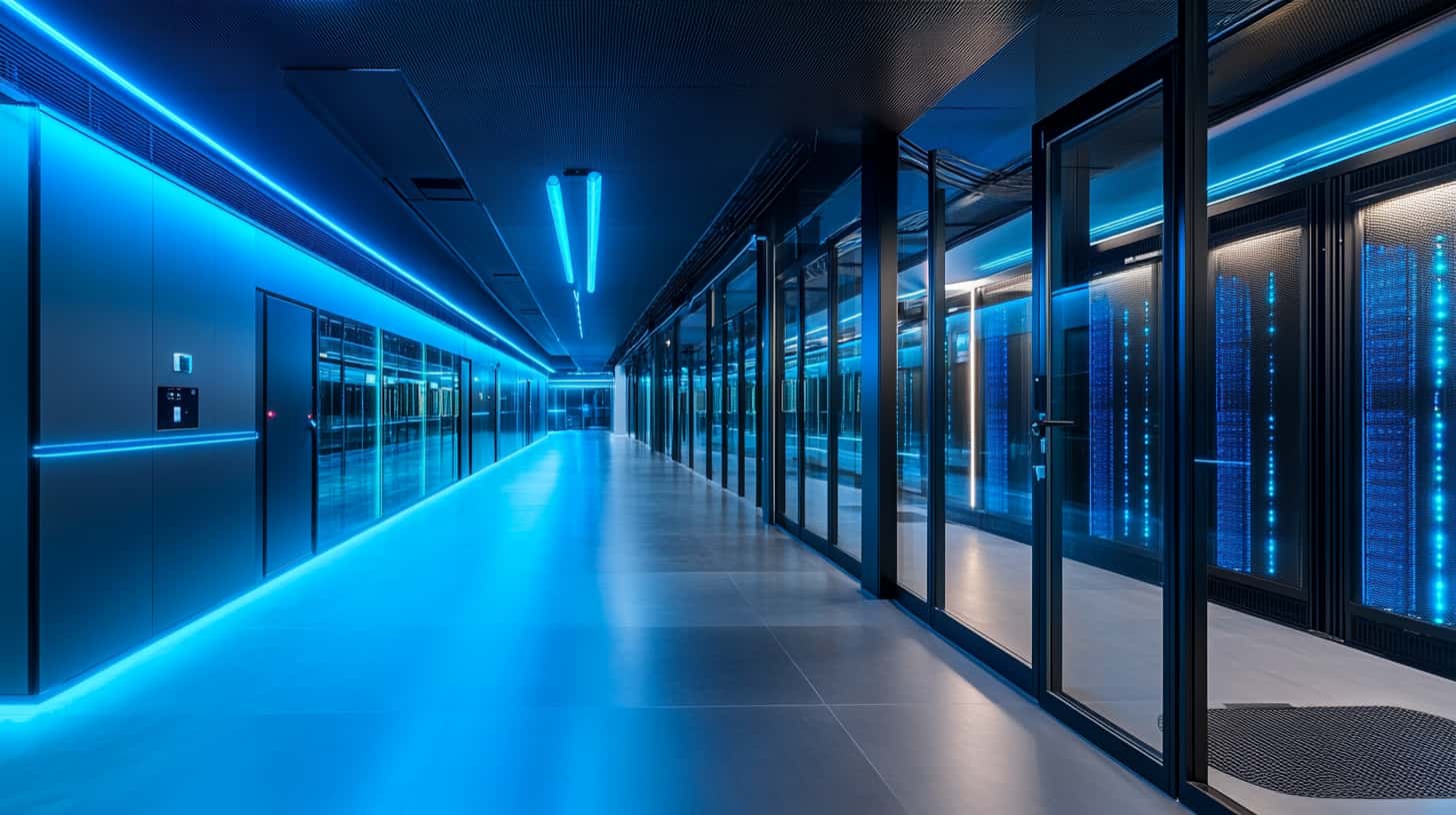 Modernes Rechenzentrum mit Serverracks und blauer Beleuchtung für EU-IT-Infrastruktur