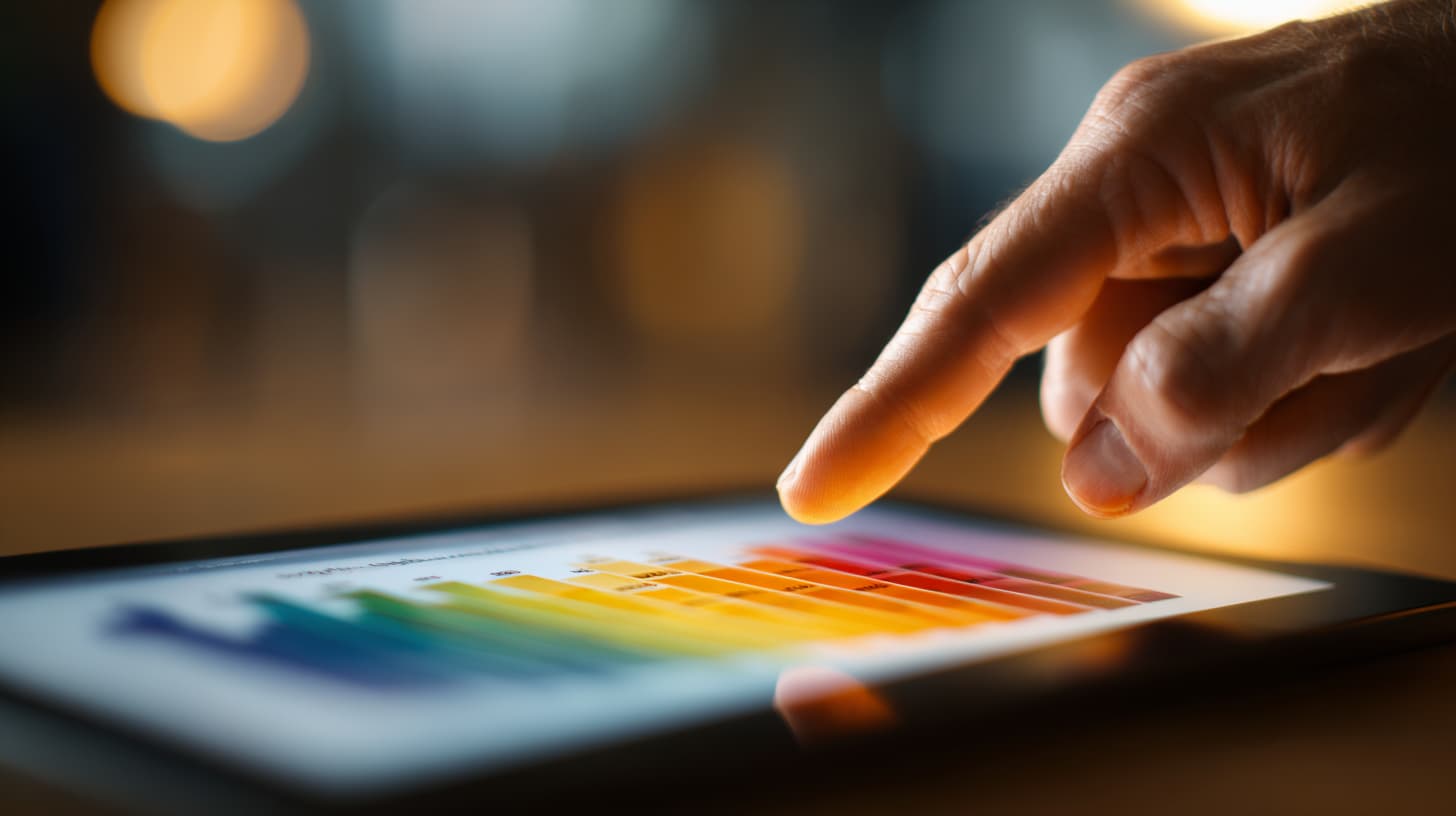 Ein Finger zeigt auf eine farbige Risikomatrix auf einem Tablet – symbolische Darstellung der Analyse und Bewertung von IT-Risiken