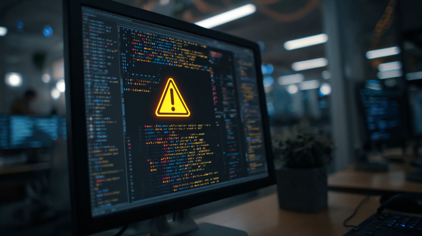 Bildschirm mit Code und Warnsymbol – Sandbox erkennt verdächtige Dateiaktivitäten