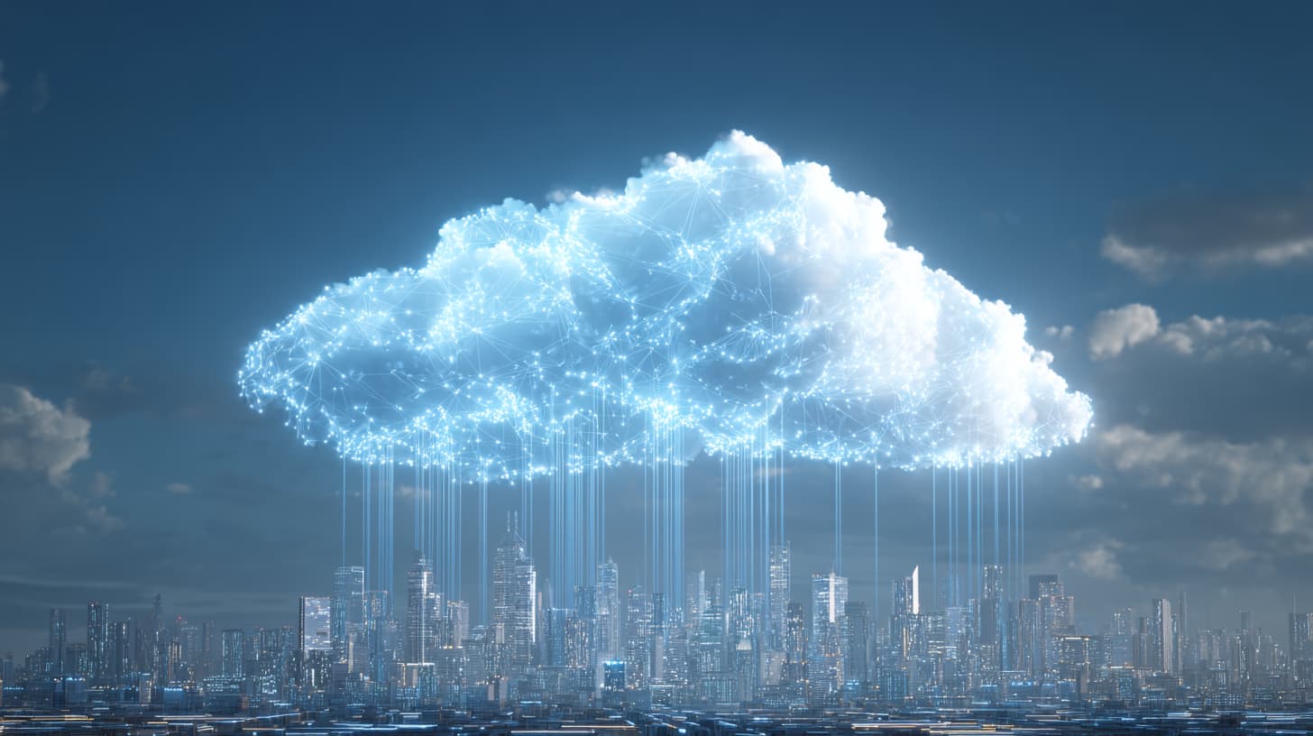 Große leuchtende Cloud mit Datenströmen zu Büros und Laptops als visuelle Darstellung von SASE