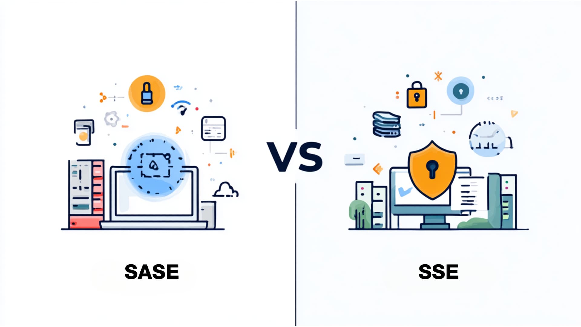 Infografik im Split-Screen-Design mit Symbolen zum Vergleich von SASE und SSE
