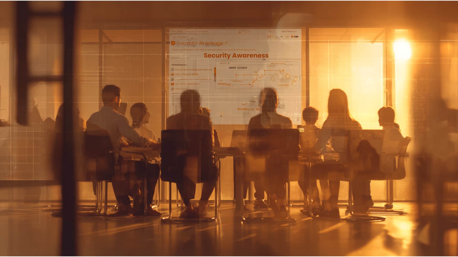 Ein IT-Team sitzt in einem Besprechungsraum und diskutiert über Security Awareness – auf dem Bildschirm ist eine Präsentation mit Sicherheitsinhalten zu sehen