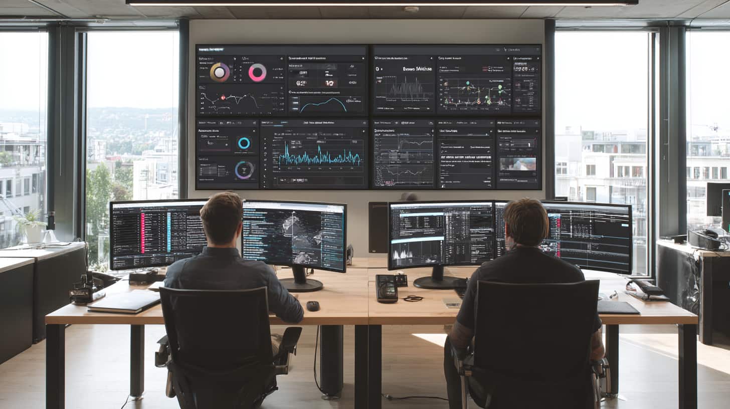 Modernes IT-Sicherheitsbüro mit zwei Analysten und Monitoren mit Sicherheits-Dashboards