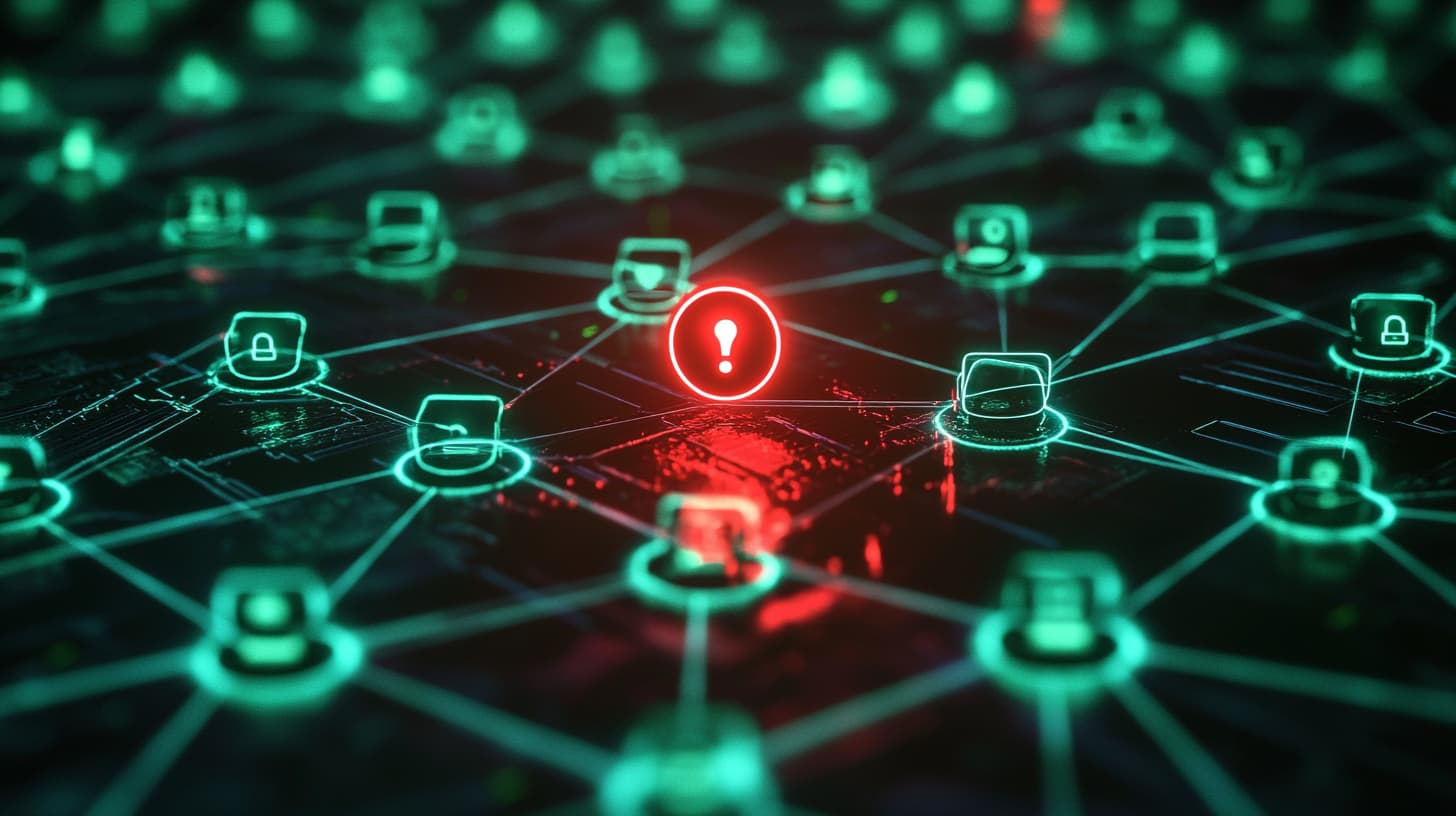 Digitale Lieferkette mit grünen Knotenpunkten, ein roter markiert Sicherheitsrisiko