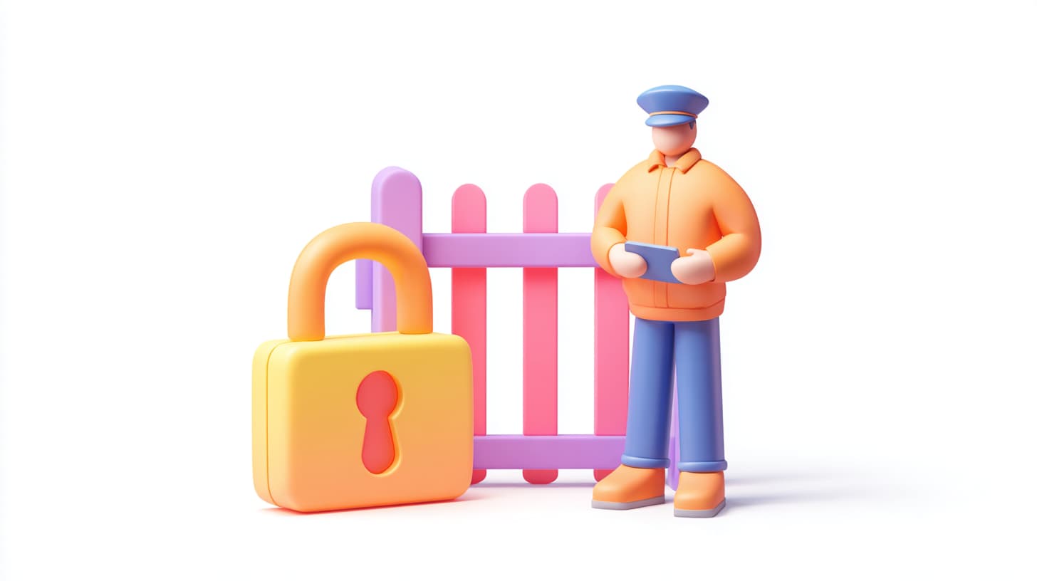Minimalistische Illustration eines Nutzers vor einem Sicherheitstor mit Identitätskontrolle als Zero-Trust-Darstellung