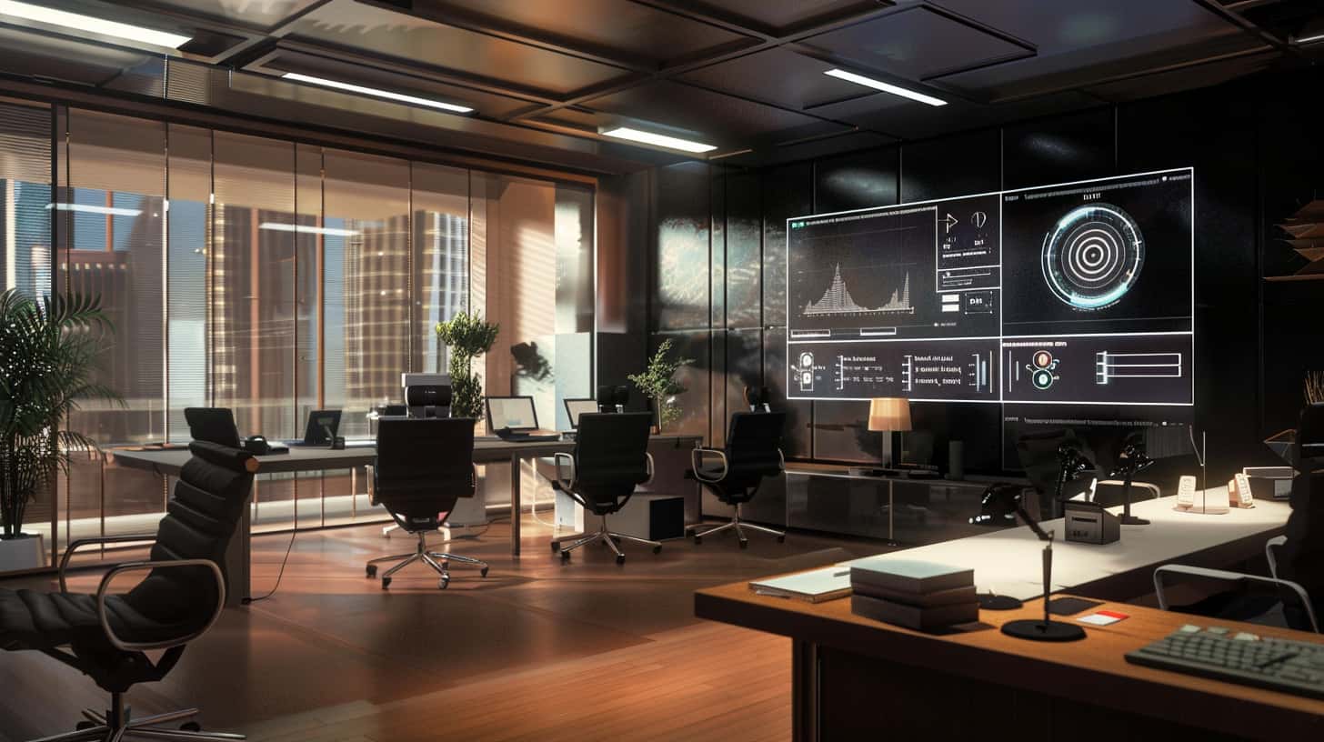 Modern IT office with organized desks and large wall displays showing centralized access control data, representing the solution phase of implementing Privileged Access and Password Management.
