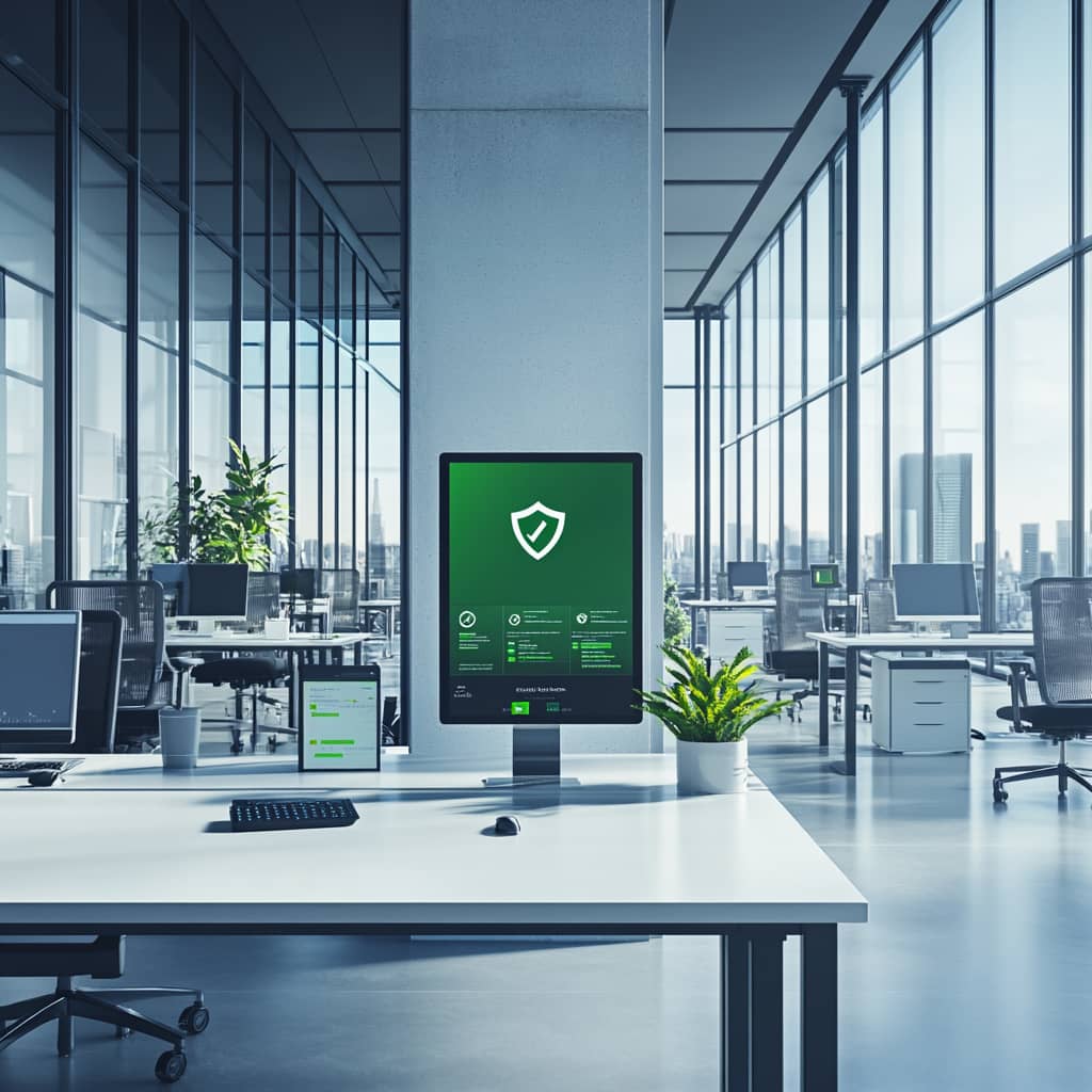 Bright and modern IT office with a central screen displaying a secure access dashboard and shield icon, representing successful Privileged Access and Password Management implementation.